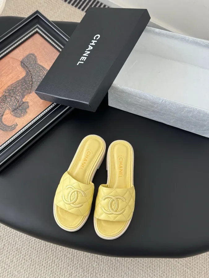 Chanel Women Yellow Quilted Leather Slides