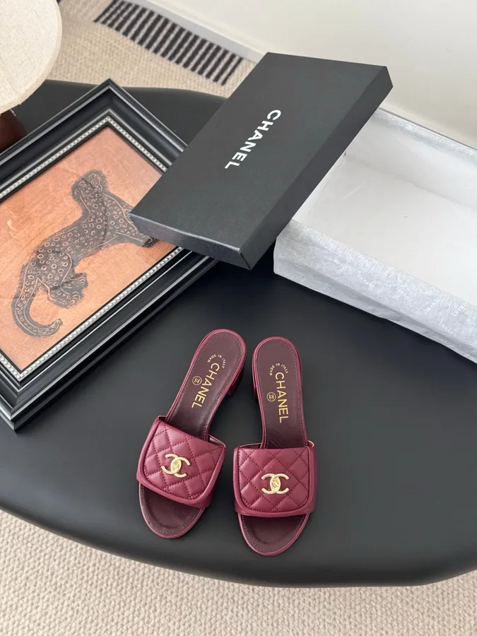 Chanel Women Burgundy Quilted Leather Mules