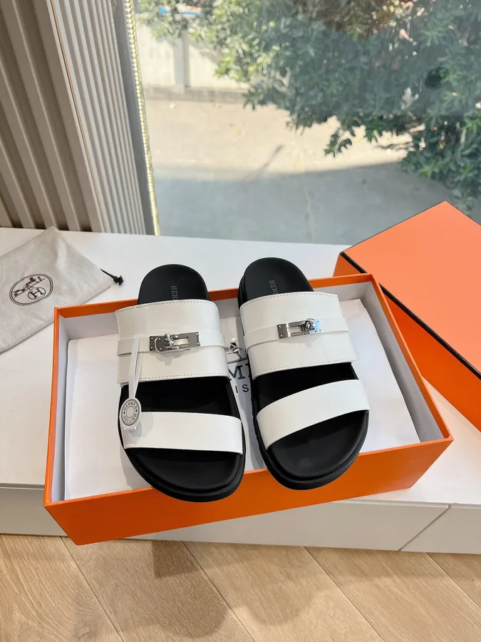 Hermes Women White Leather Straps Flat Sandals