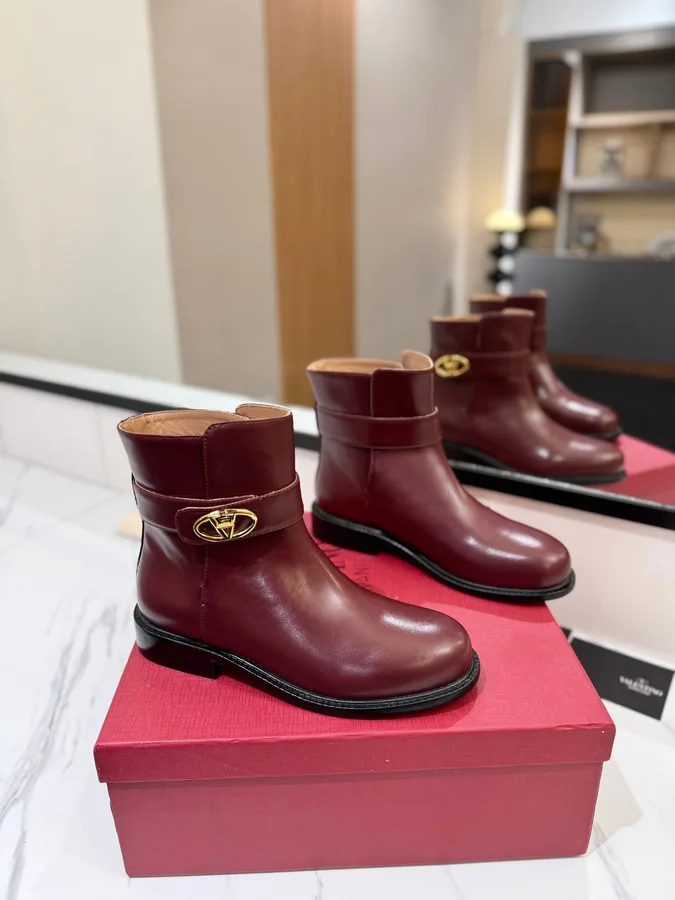 Valentino Women Burgundy Leather Ankle Boots