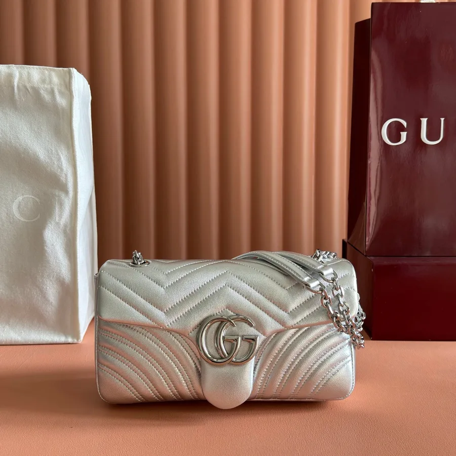Gucci GG Marmont Bag 26 in Silver Lambskin