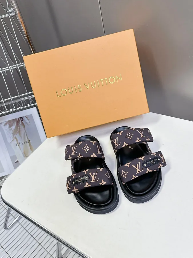 LV Women Black Brown Patterned Fabric Sandals