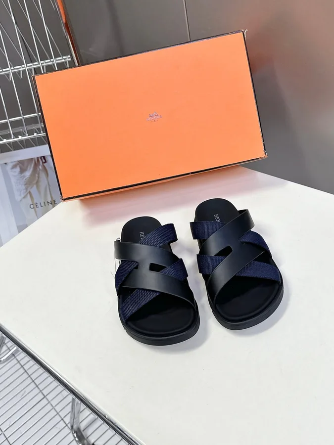Hermes Women Navy Blue Leather And Fabric Sandals