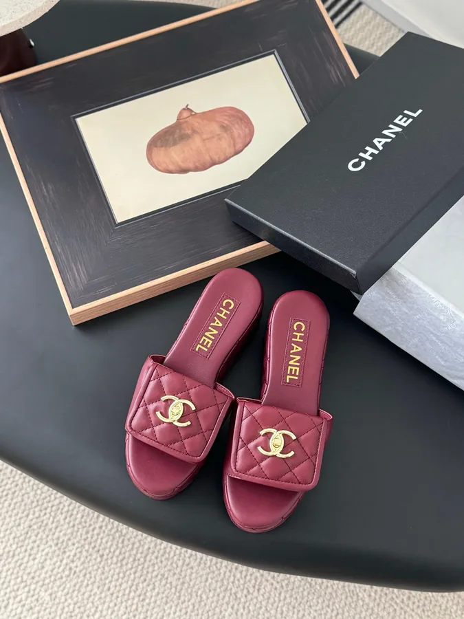 Chanel Women Burgundy Quilted Leather Slides