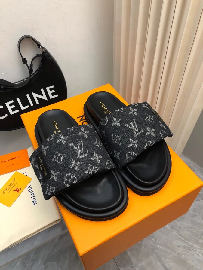 LV Women Black Canvas Monogram Slide Sandals