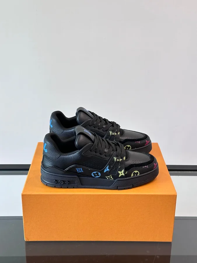 LV Men Black Leather Sneakers With Multicolor Accents
