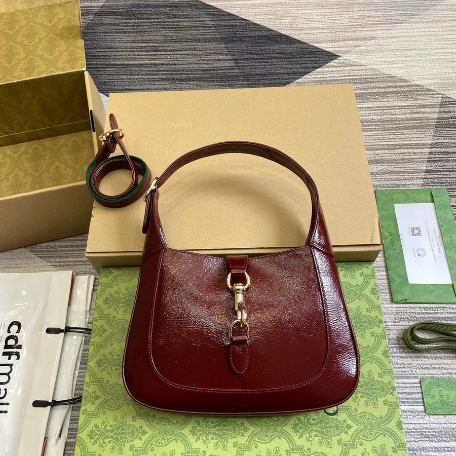 Jackie Small Shoulder Bag in Wine Red Cracked Lacquer Gold Hardware