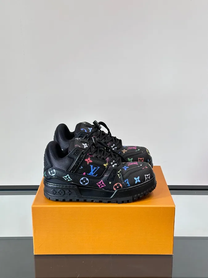 LV Men Black Leather Multicolor Logo Sneakers