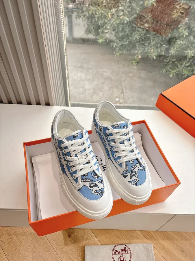 Hermes Women Light Blue Canvas And White Sneakers