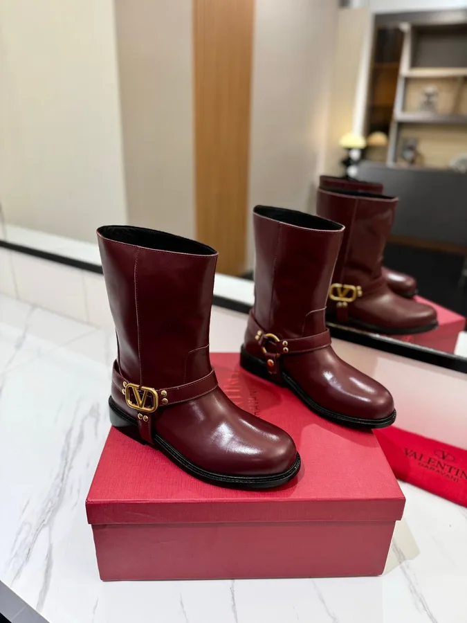 Valentino Women Burgundy Leather Mid-Calf Boots