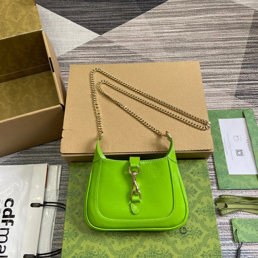Jackie Notte Mini Bag 19 in Lime Green Cracked Lacquer Calfskin Gold Hardware