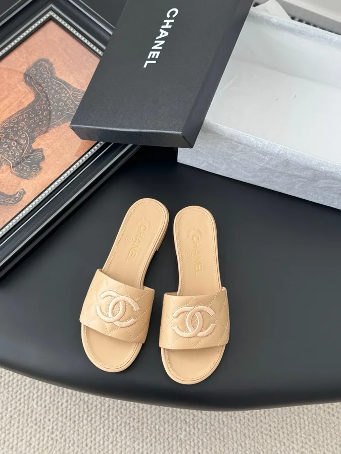 Chanel Women Beige Quilted Leather Slides