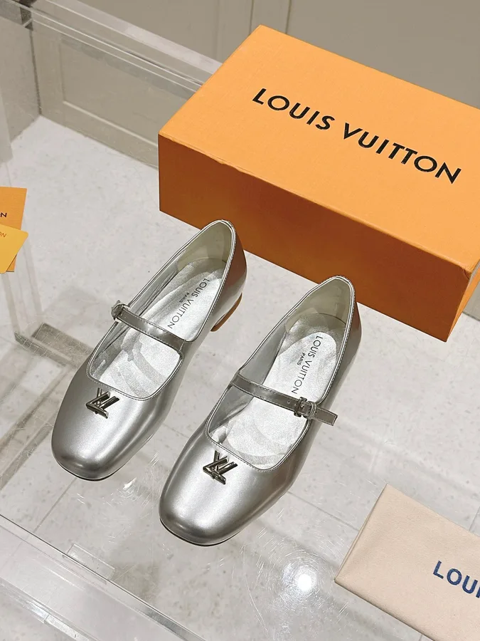 LV Women Silver Leather Mary Jane Flats