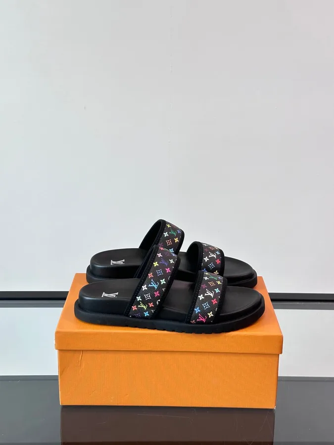 LV Men Black Canvas Double Strap Slides