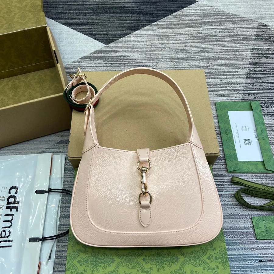 Jackie Small Shoulder Bag 27 in Light Pink Cracked Lacquer Calfskin Gold Hardware