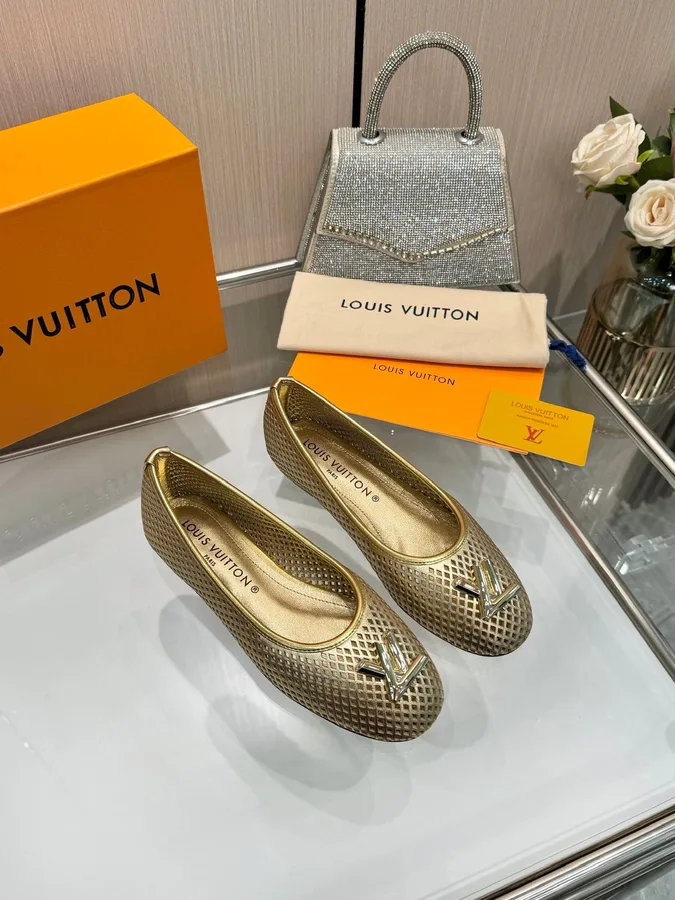 LV Women Gold Metallic Mesh Ballet Flats