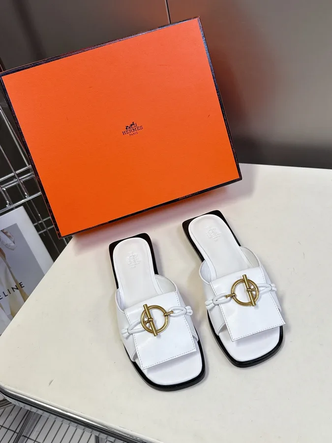 Hermes Women White Leather Mules