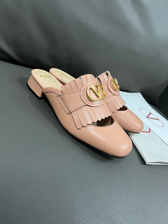 Valentino Women Pink Leather Fringe Mules