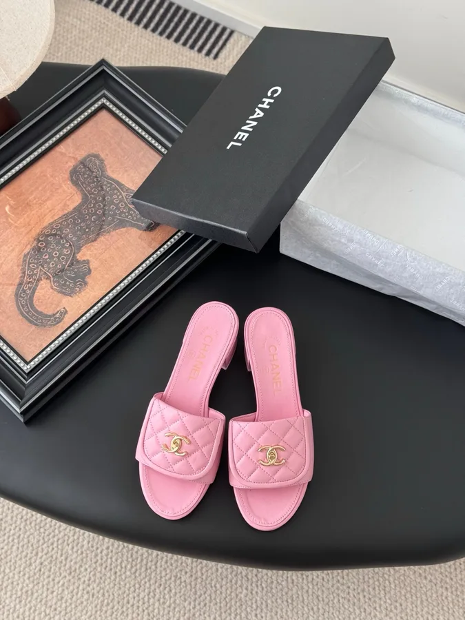 Chanel Women Pink Quilted Leather Mules
