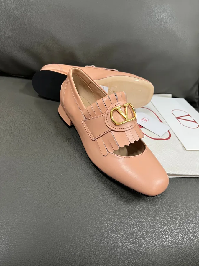 Valentino Women Pink Leather Fringe Loafers