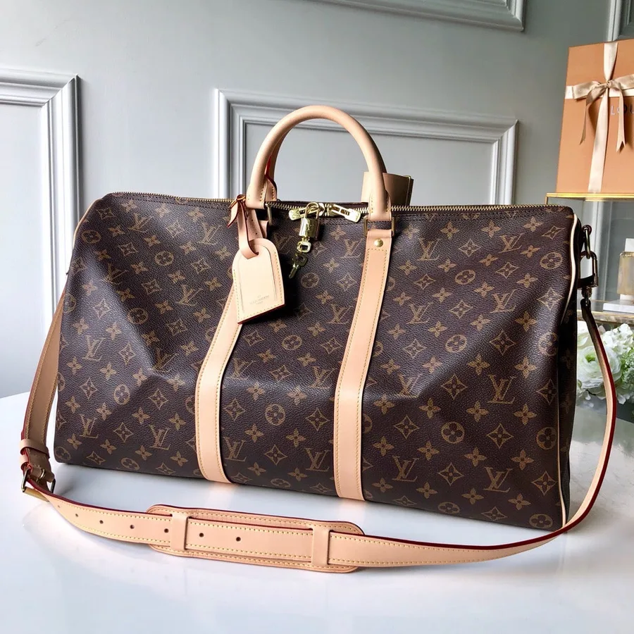 LV Monogram Canvas Keepall Bandoulière 55 Leather Duffle Bag