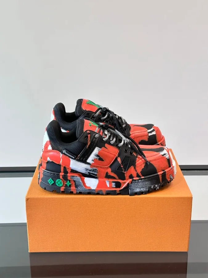 LV Men Red Black Leather Sneakers