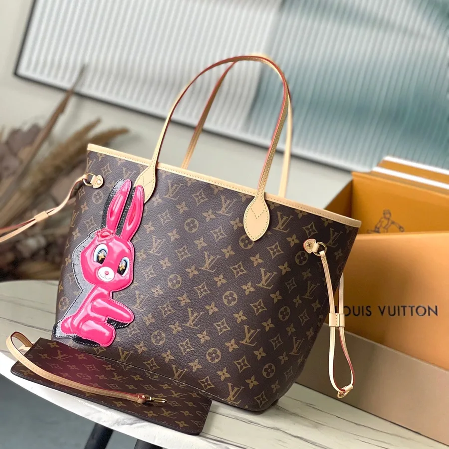LV Neverfull MM in Brown Monogram Canvas with Pink Rabbit Patch