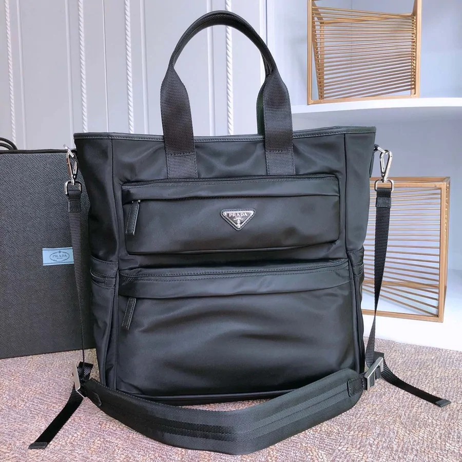 Tote Bag 38 in Black Re-nylon and Saffiano Leather Trim