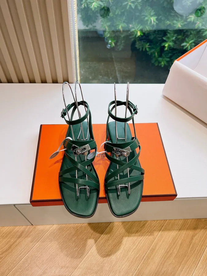 Hermes Women Green Leather Strappy Sandals