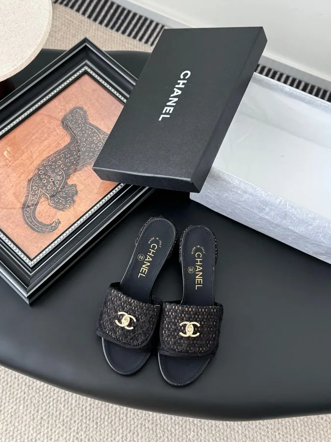 Chanel Women Black Woven Leather Slides