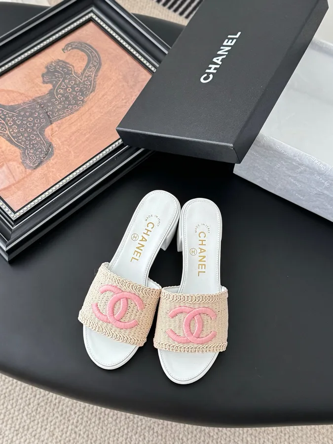 Chanel Women Beige Fabric Pink Logo White Heels