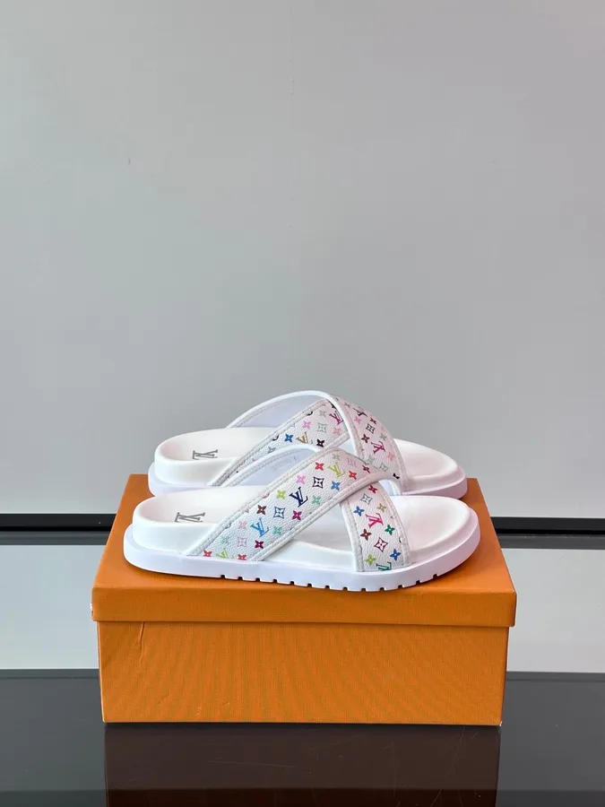 LV Men White Multicolor Leather Slides