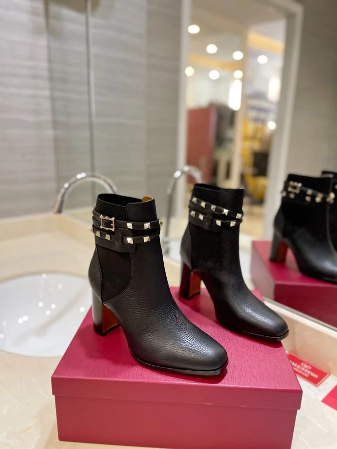 Valentino Women Black Leather Studded Ankle Boots