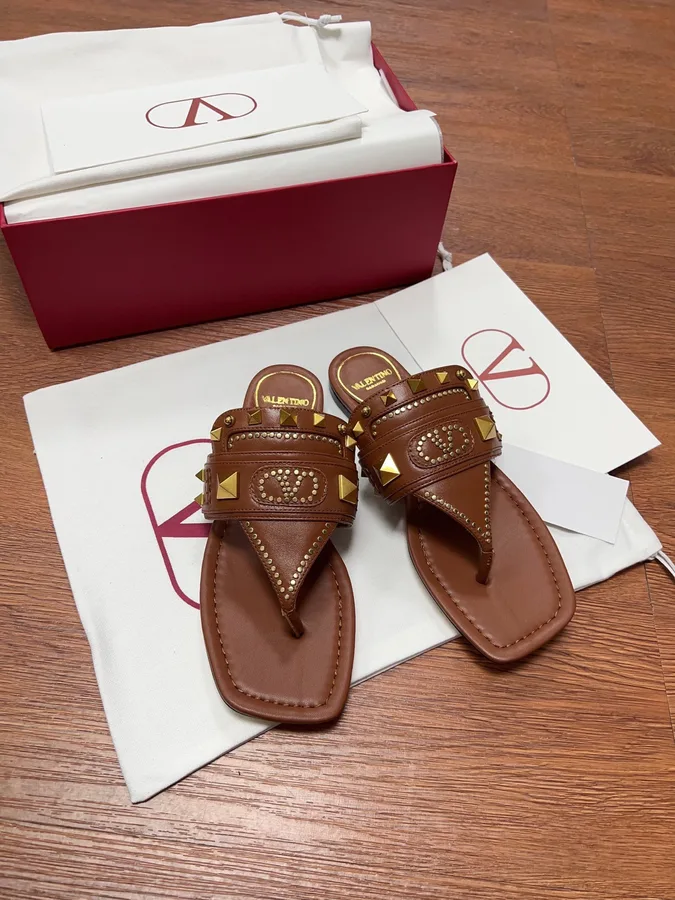Valentino Women Brown Leather Studded Sandals