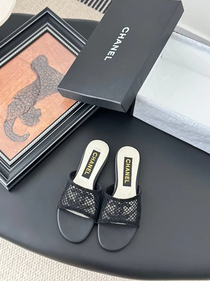 Chanel Women Black Mesh Slide Sandals