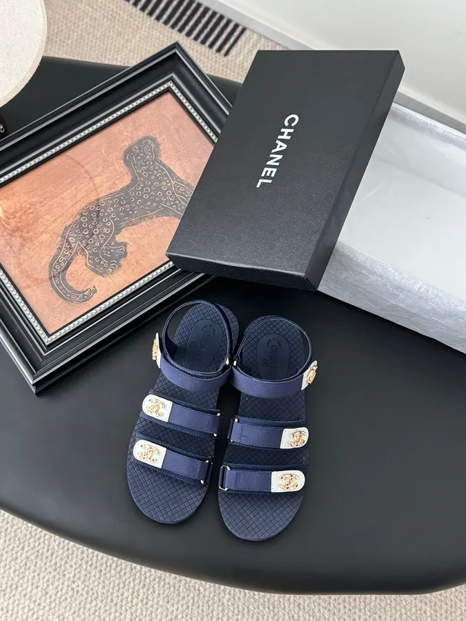 Chanel Women Navy Fabric And Rubber Sandals