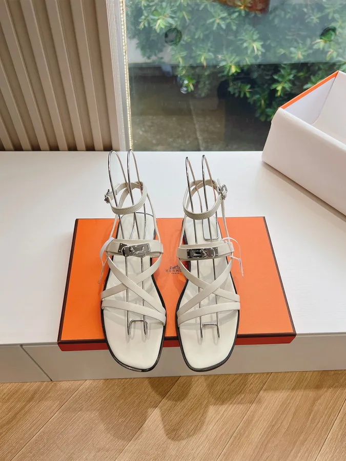Hermes Women White Leather Strappy Sandals