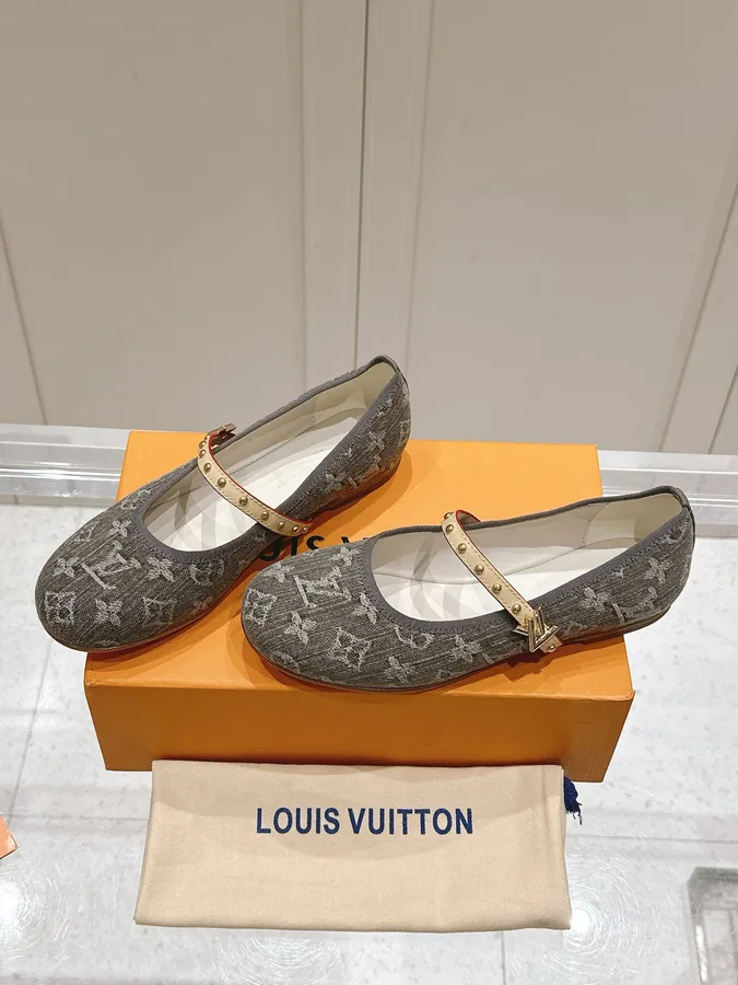 LV Women Gray Fabric Studded Strap Flats