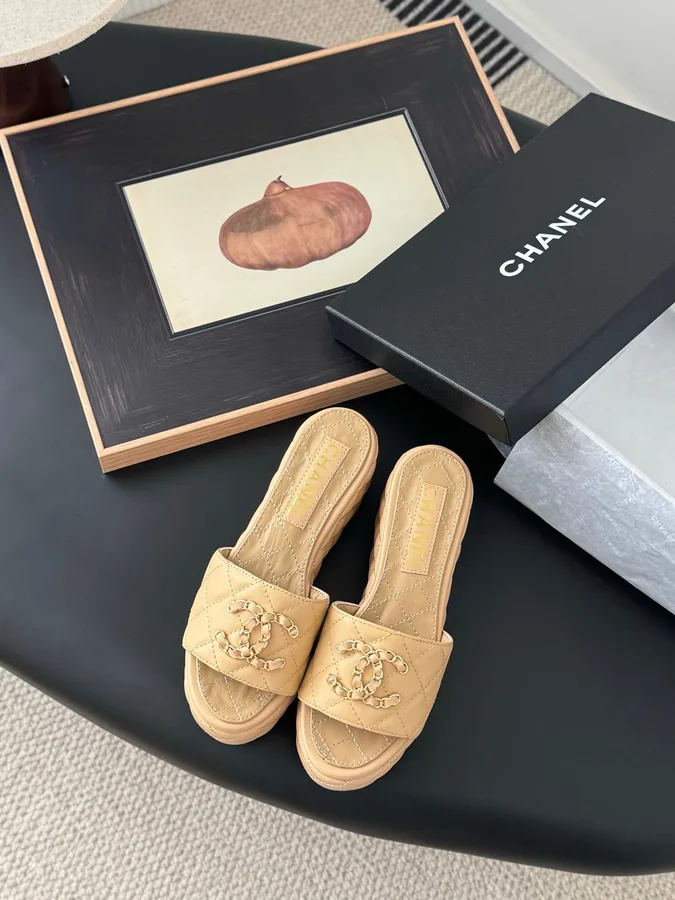 Chanel Women Beige Quilted Leather Slides
