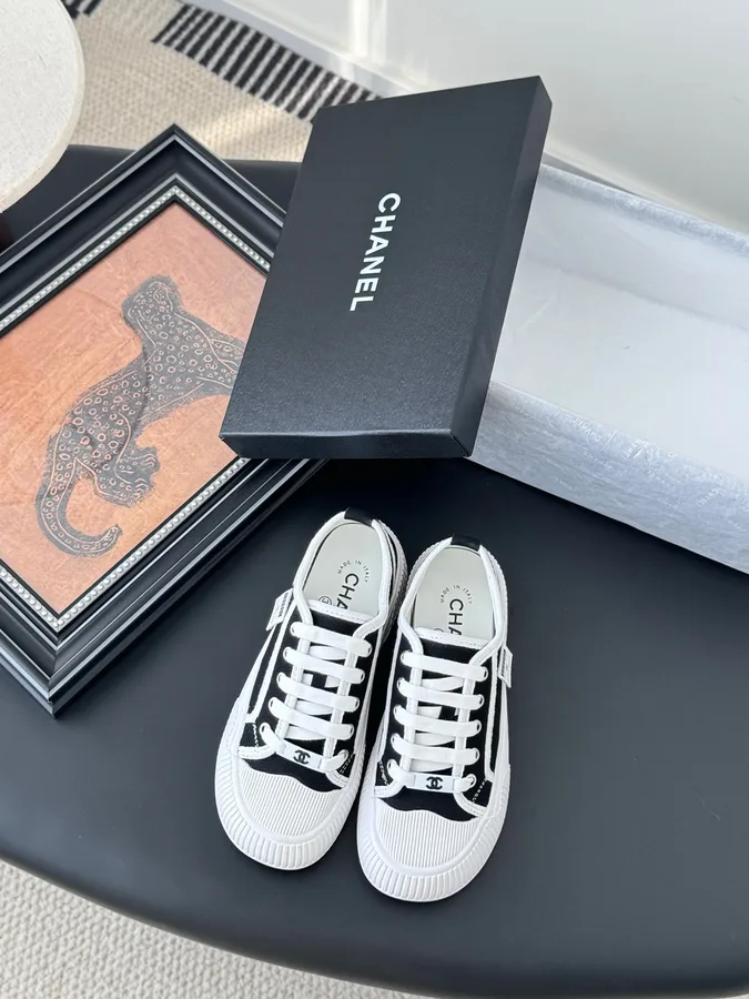 Chanel Women Black Canvas White Trim Sneakers