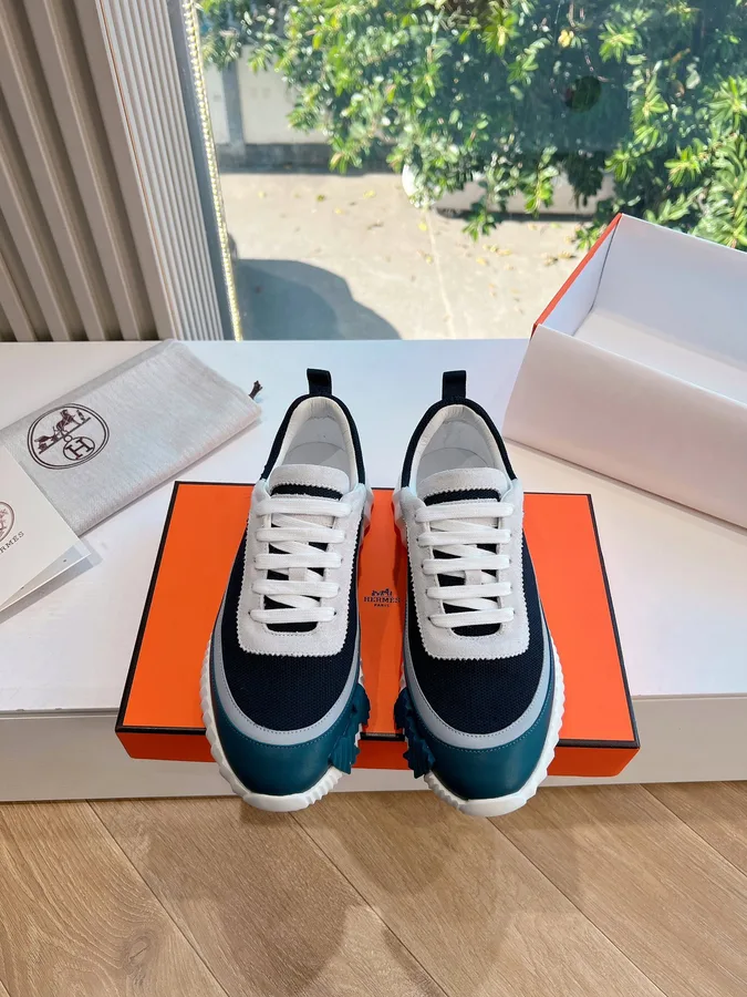 Hermes Women Navy Blue White Mesh Sneakers