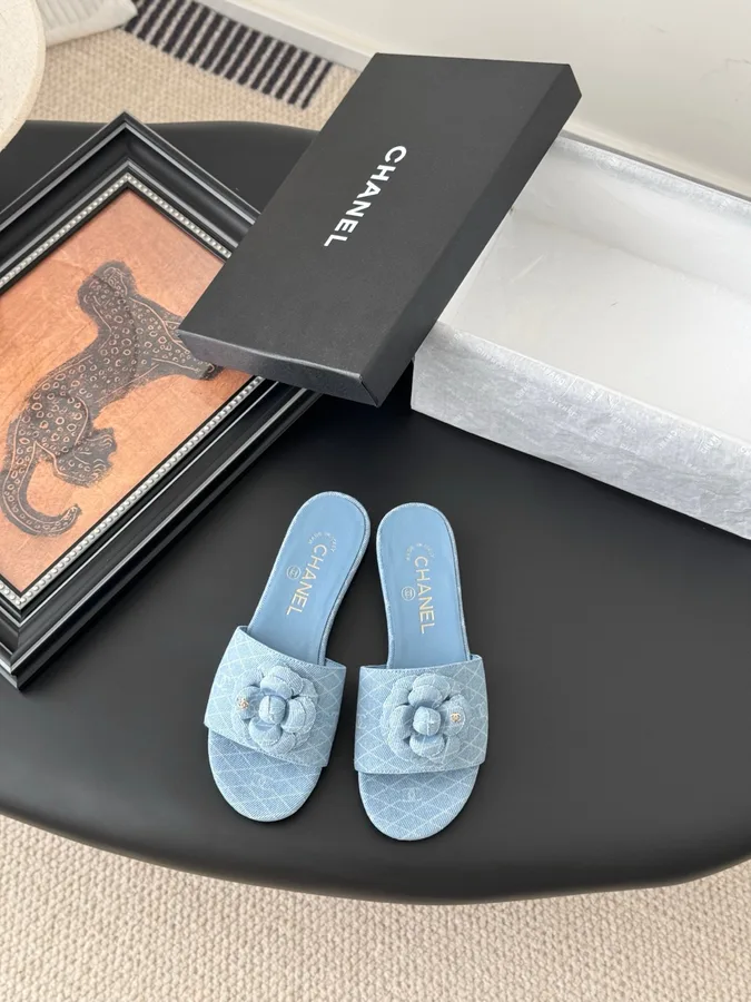 Chanel Women Light Blue Fabric Slides