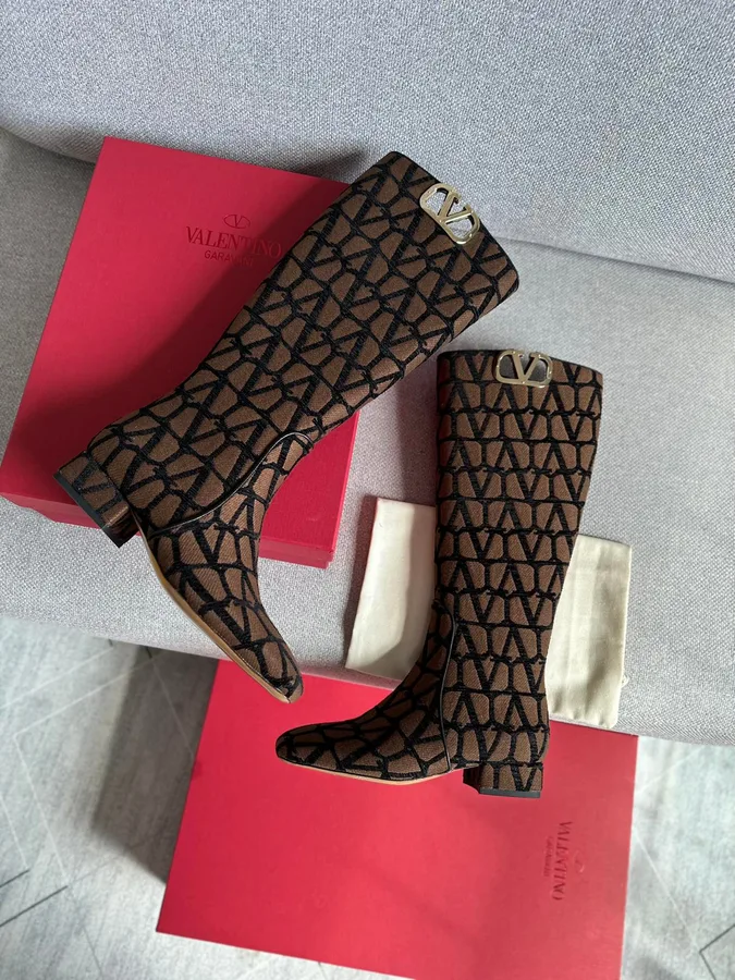 Valentino Women Brown Patterned Fabric Boots