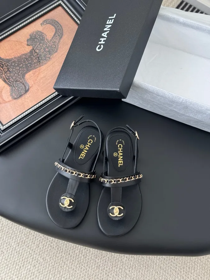 Chanel Women Black Leather Chain Detail Sandals