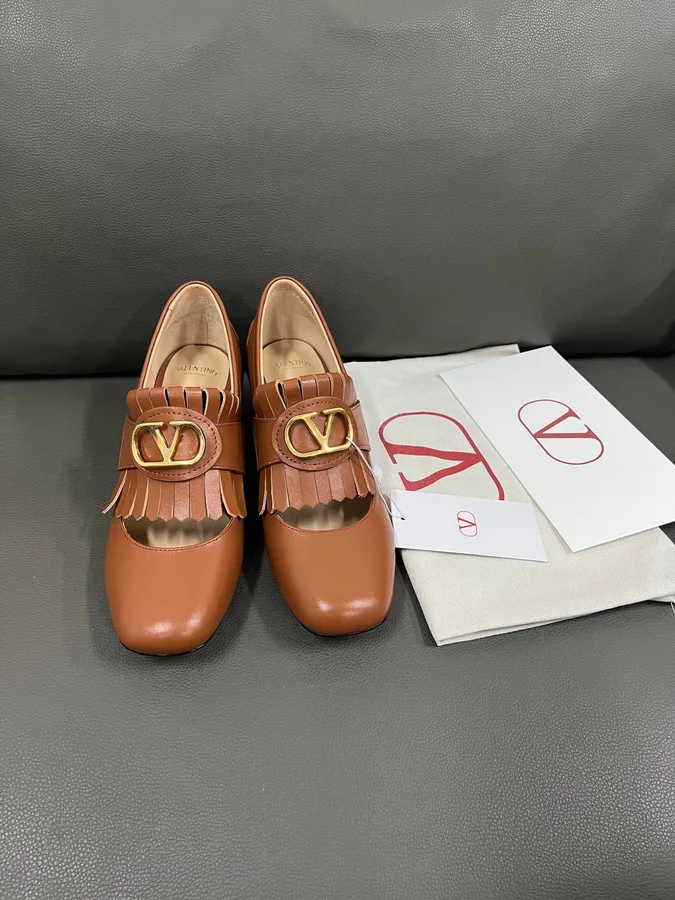Valentino Women Brown Leather Fringe Loafers