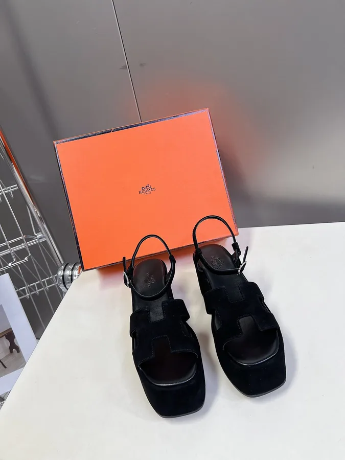Hermes Women Black Suede Slingback Sandals