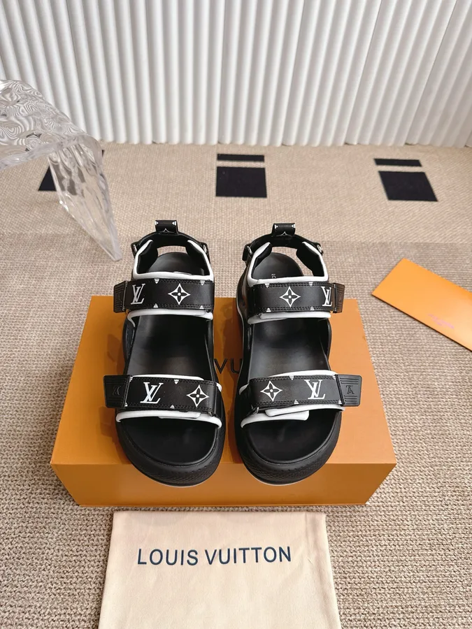 LV Women Black Synthetic Monogram Strap Sandals