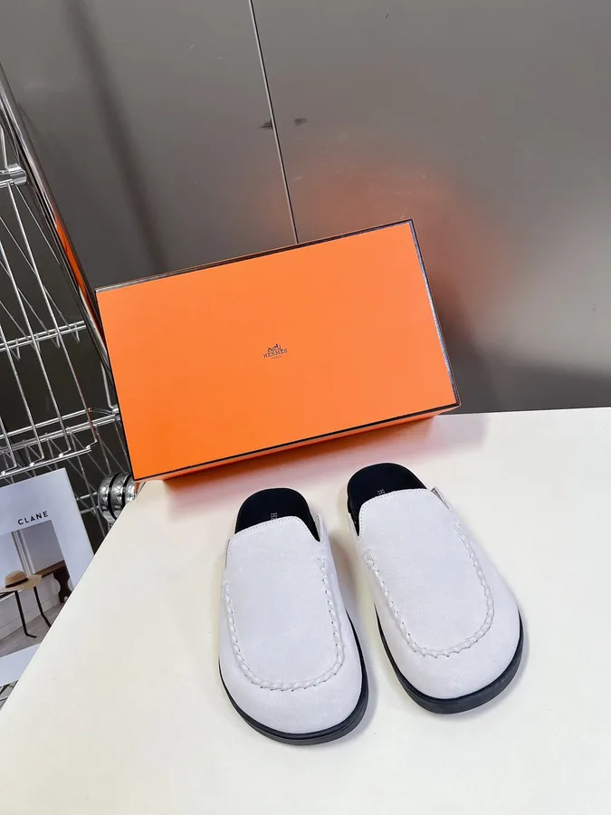 Hermes Women White Suede Leather Slippers