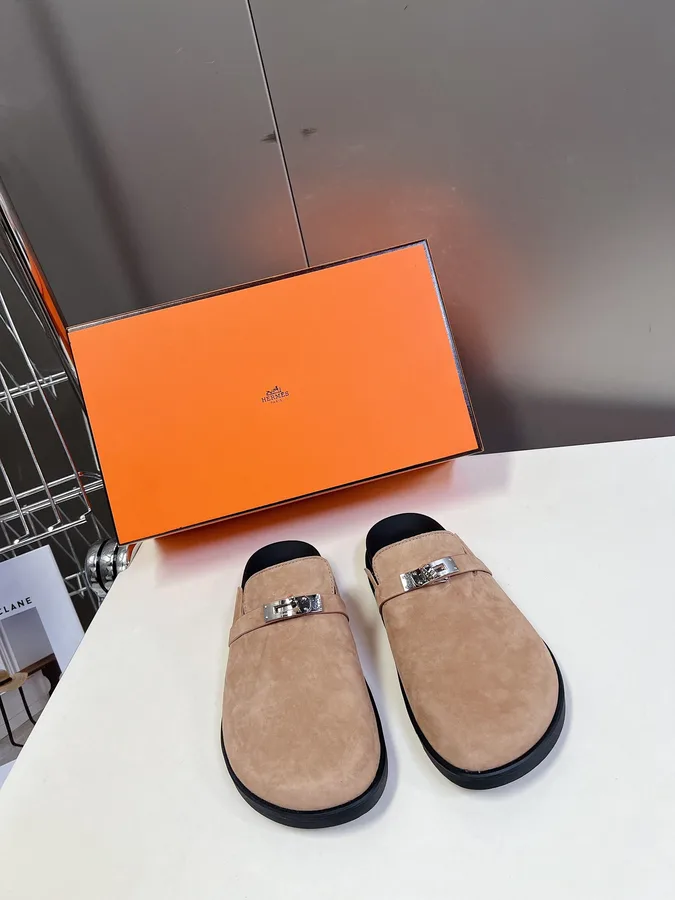 Hermes Women Beige Suede Leather Slippers