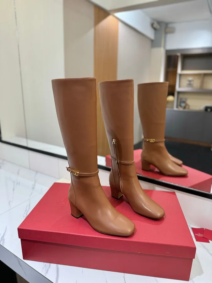 Valentino Women Tan Leather Mid-Calf Boots